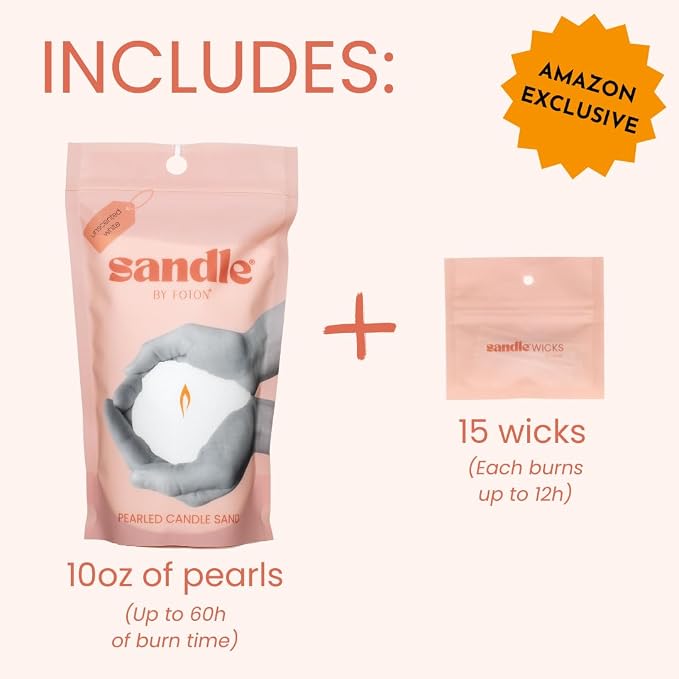 Sandle by Foton Pearled Candle Sand 10 Oz – White Unscented Safe Non Toxic Long Lasting Pearled Candle Wax up to 60 Hours - Refillable Unique Sand Candle Wax with 15 Candle Wicks for Candle Making