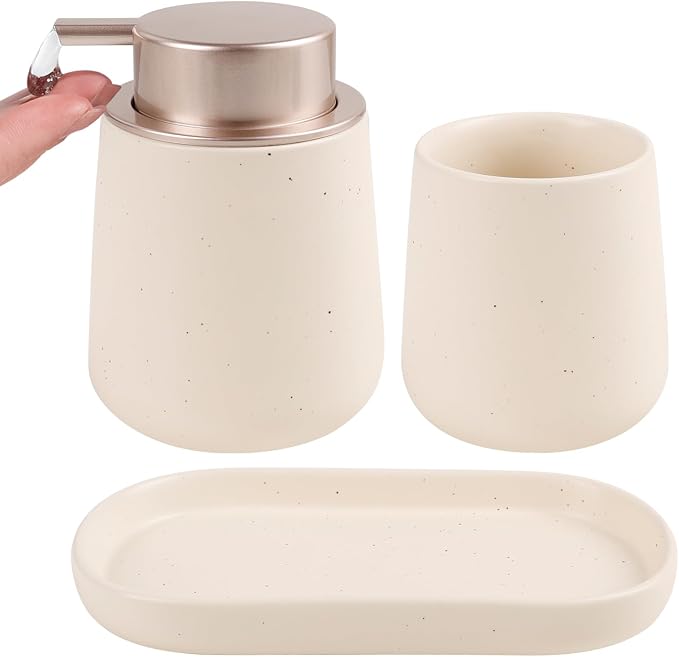 BosilunLife Ceramic Bathroom Accessories Set 3 Pcs, Liquid Soap Dispenser and Toothbrush Holder with Tray, Modern Farmhouse Vanity Decor, Apricot Housewarming Gift