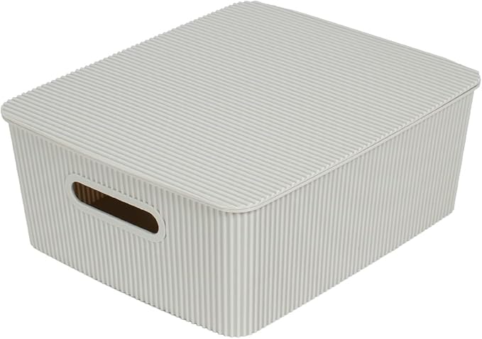 Glad Storage Baskets with Lids - Set of 4 Stackable Plastic Boxes with Handles - Decorative Shelf Organizer Bins for Bathroom and Closet, Grey, 3.1 Gallons