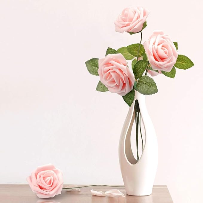 Mocoosy 50Pcs Artificial Roses Flowers, Blush Pink Roses Artificial Flowers Foam Fake Roses with Stem for Wedding Bridal Bouquets Party Centerpieces Artificial Flowers Crafts DIY Home Decoration