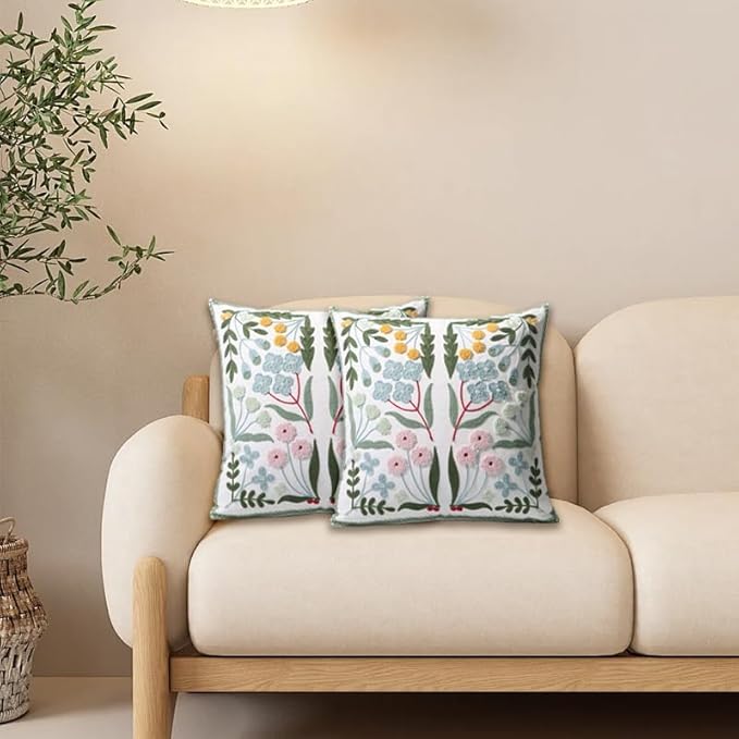 Pack of 2 Embroidered Decorative Throw Pillow Cover 18x18 Inch Farmhouse Floral Pillowcase for Living Room Sofa Bed (Blue Floral)