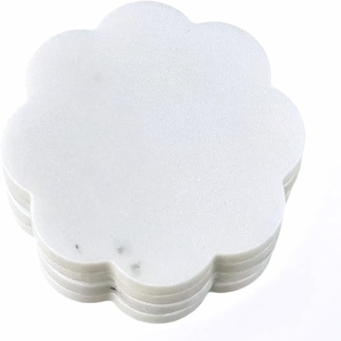 Marble Coasters Set of 4, Handcrafted Drink Protectors, Natural Stone Coaster Bar & Table Decor, Modern Desk Aesthetic Accessories, Non-Slip Luxury Gift (Marble White Round Scalloped)
