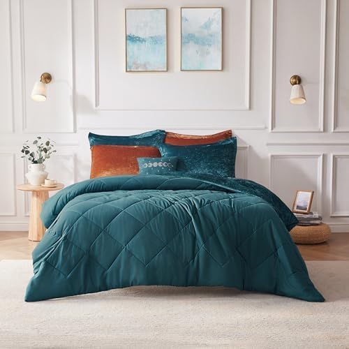 Intelligent Design Twin Duvet Cover Set, Velvet Twin Duvet Set, Luxury Diamond Quilting Teal Duvet Cover, Fluffy Duvet Cover with Decorative Pillow and 1 Sham, 3 Pieces, Teal, Twin/Twin XL