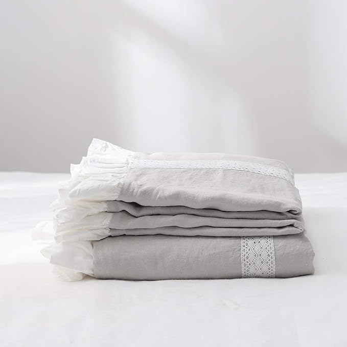 Simple&Opulence 100% Linen Duvet Cover Set (104"x92") Floral Flax King Size, Shabby Chic Ruffle Edge Lace Insert Decoration, 3 Pcs Farmhouse Bedding-1 Comforter Cover 2 Pillow Shams, Floral Grey
