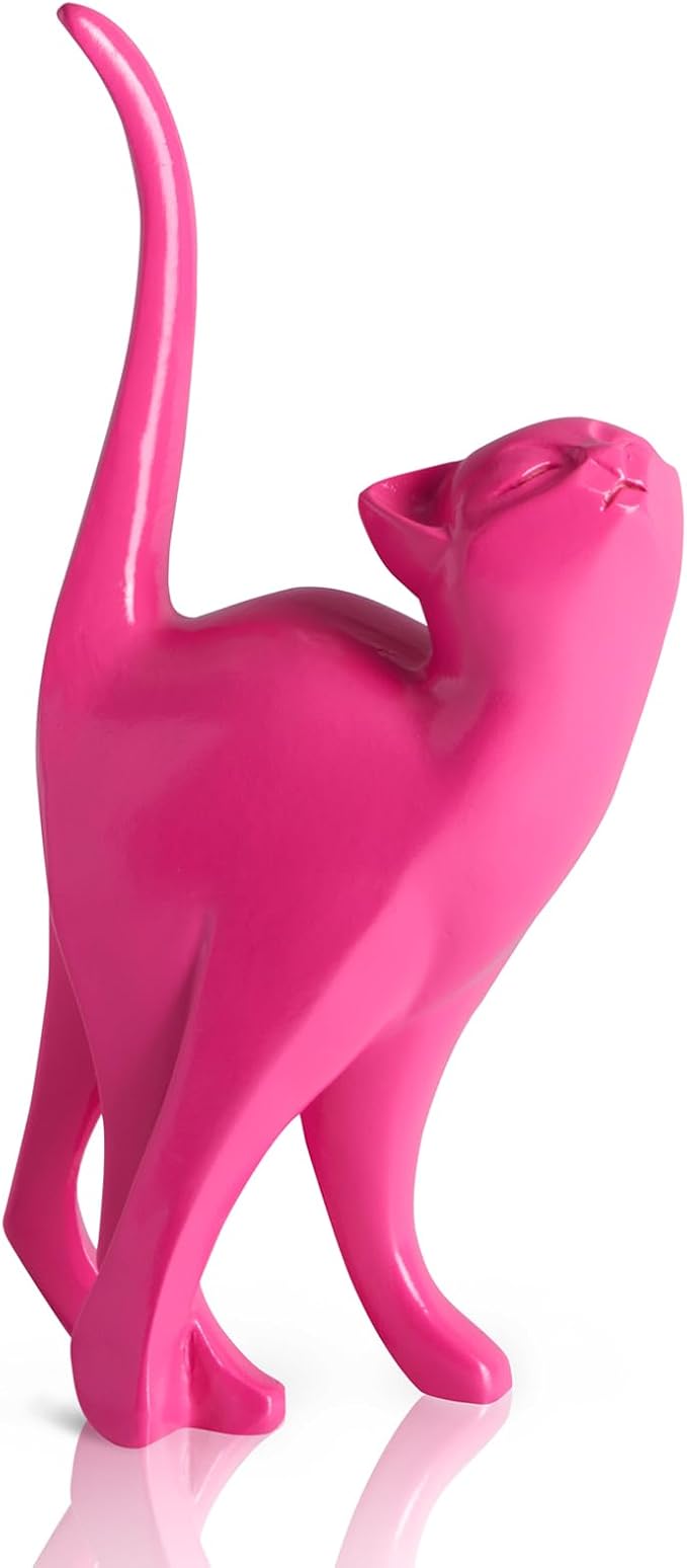 Hot Pink Cat Statue Modern Abstract, Home Office Shelf Decor, 7-Inch Vibrant Assorted Colors, Easy to Match Any Decor Style