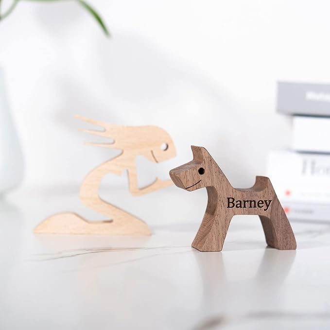 Custom Wooden Sculpture Name Engraved Human and Dog Statues