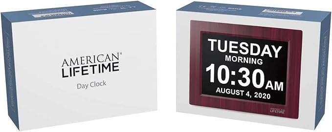 American Lifetime, New Version, Day Clock Extra Large Impaired Vision Digital Clock with Battery Backup and 5 Alarm Options, Premium Mahogany Color, 8 inch
