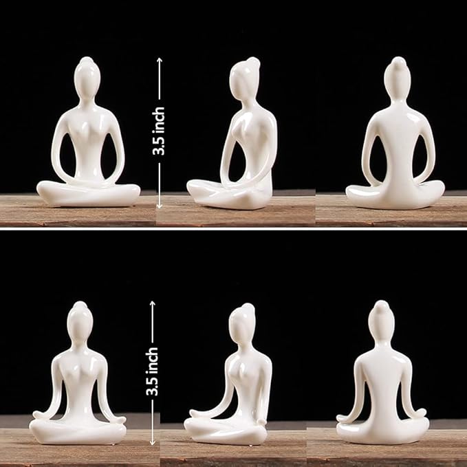 OwMell Lot of 4 Meditation Yoga Pose Statue Figurine Ceramic Yoga Figure Set Decor - White