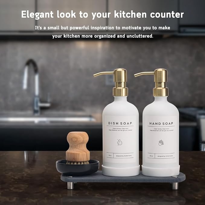[Luxury] Kitchen Soap Dispenser Set - 16OZ White Glass Bottle, Stainless Steel Pump, Instant Dry Tray, Waterproof Labels, Non-Slip Silicone Pad, and Dish Brush | Upgrade for Your Kitchen and Bathroom