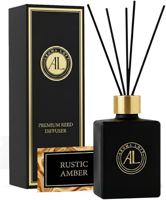 Reed Diffuser - Fragrance Diffuser for Home - 5 oz. Oil Diffuser Sticks - Bathroom Diffuser Set- Oil Diffuser Reeds - Scent Sticks in Oil-Office Smell Good Stuff (Black, Rustic Amber)