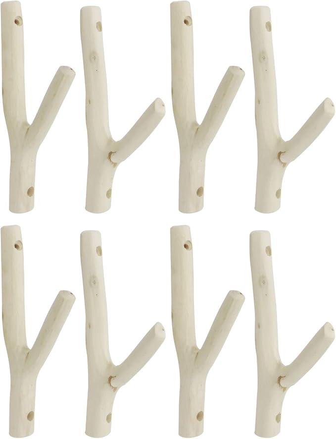 8Pcs Real Wood Tree Branch Wall Hook, Thickness 1cm-2cm with Screw | Farmhouse Rustic Decorative Wooden, Without Bark Trunk