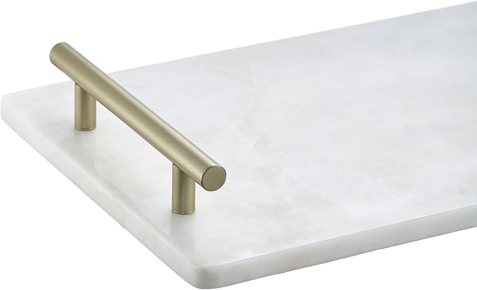 Queenza White Marble Decorative Tray with Gold Handles (12 x 8 Inch) | Luxury Stone Vanity Tray for Bathroom, Kitchen Counter, Coffee Table & Dresser Organization