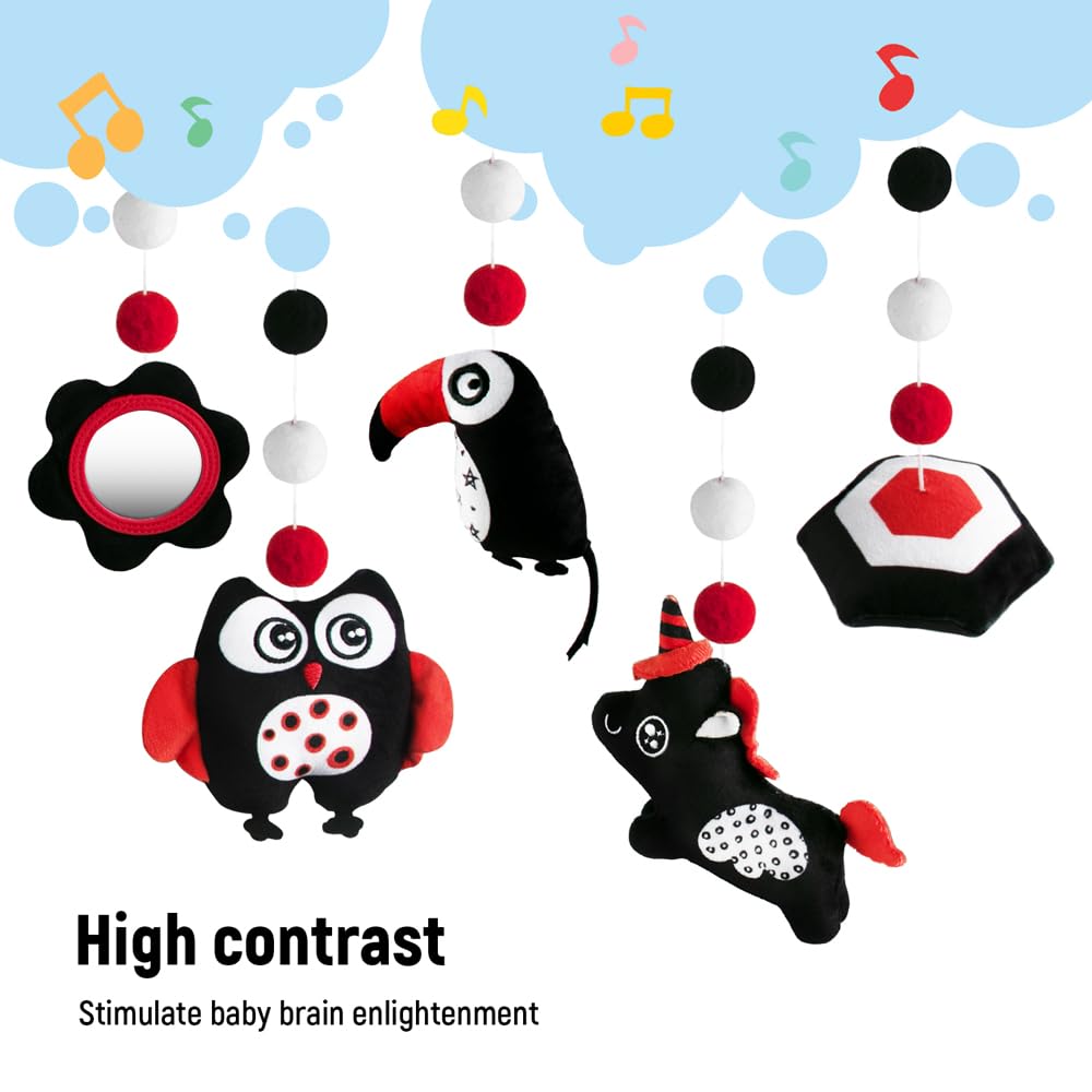 Montessori Mobile Baby for Crib,Black and White Baby Crib Mobile with Music for Boys & Girls,High Contrast Hanging Crib Toys, Newborn Visual Stimulation to Engage