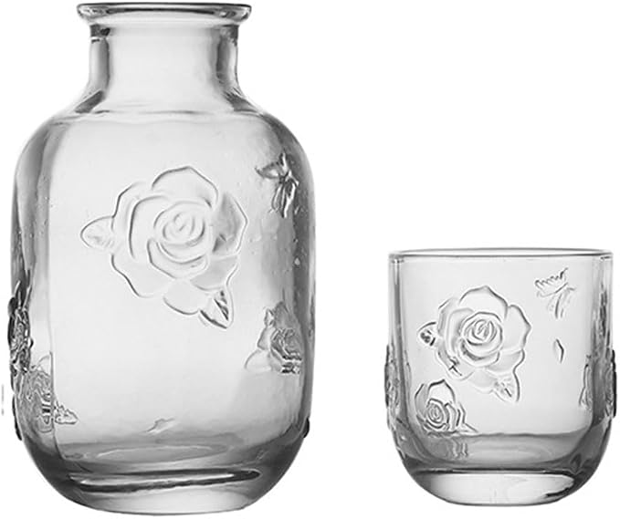 Bedside Water Carafe Set with Glass Cup, 15 oz Vintage Flower Glass Carafe for Bedroom Nightstand, Mouthwash Bottle for Bathroom, Decorative Water Pitcher for Guest Room (Clear)
