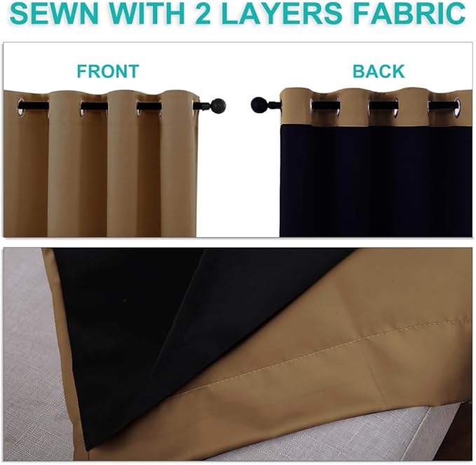 NICETOWN Full Shade Curtain Panels, 62 x 84 inch, Gold Brown, Pair of Energy Smart & Noise Blocking Out Blackout Drapes for Dining Room Window, Thermal Insulated Guest Room Lined Window Dressing