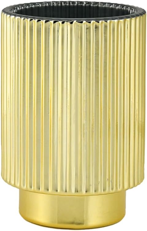 Serene Spaces Living Gold Ribbed Pedestal Glass Votive Holder, Table Centerpiece, Home, Office, Wedding, Birthday, Holiday & Special Events Decor, 3.5" Diameter & 5" Tall