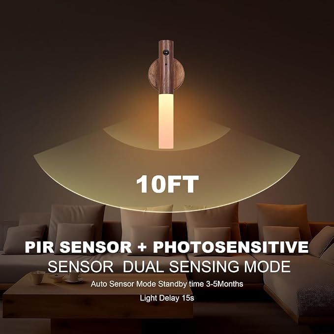 LANDGOO Wooden Motion Sensor RGB Night Lights Indoor, Magnet Body Hallway Rechargeable LED Wireless Battery Operated Wall Sconce (RGB Walnut Wood 2Pcs)