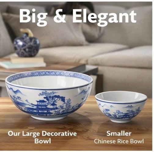 12 Inch Blue and White Porcelain Bowl, Large Chinese Decorative Centerpiece Bowl, Oriental Landscape Ceramic Bowl for Tabletop, Fruit Display, Kitchen Counter and Home Décor