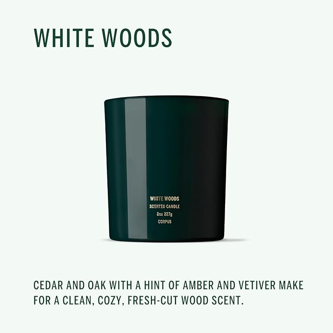 CORPUS - White Woods Scented Candle, Soy Wax, 60+ Hr Burn (8 oz / 227 g) | Hand-Poured in the USA, Reusable Glass Vessel | Renewable Soy Wax, Cotton Wick | Phthalate-Free, Vegan