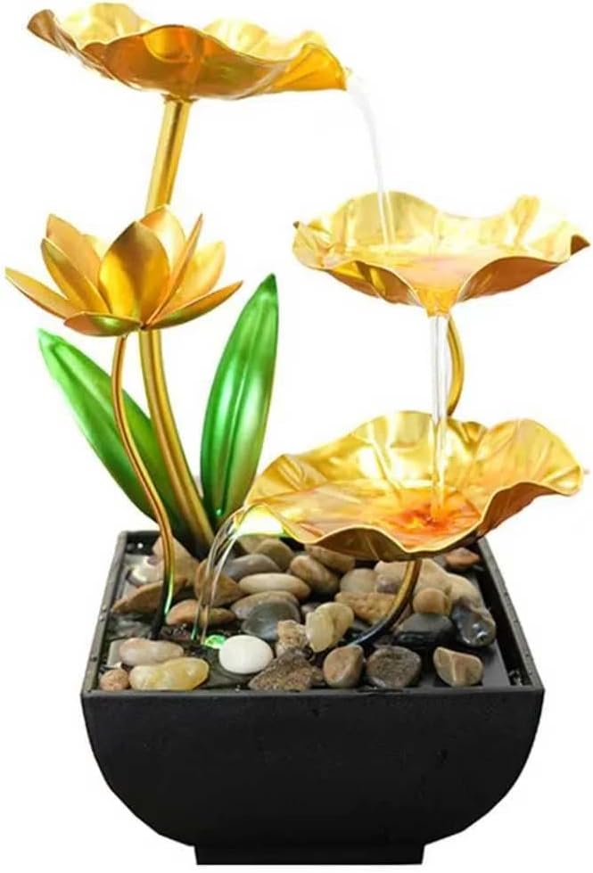 11‘’ H Gold Tabletop Water Fountain, Zen Desktop Waterfall, Indoor Lotus Desktop Decorative Fountain, Home Bathroom Bedroom Decor.