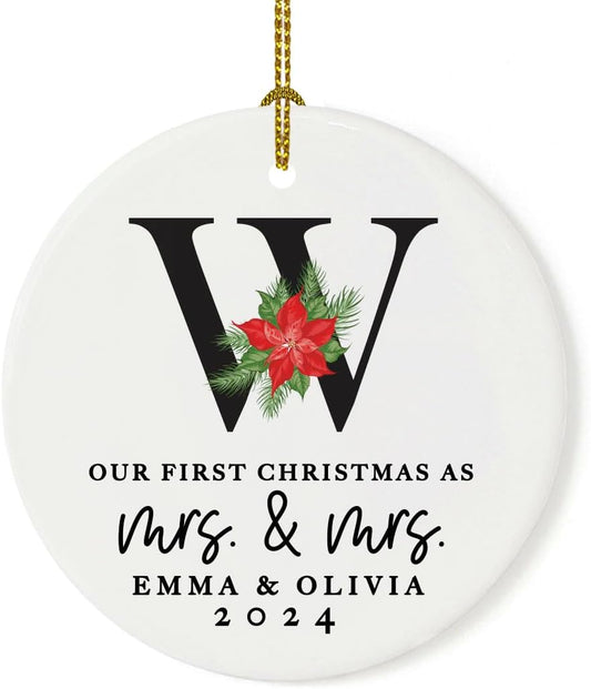 Andaz Press Personalized Our First Christmas As Mrs. & Mrs. 2025 Christmas Ornaments Monogram Poinsettia 2.8" Round Porcelain Ceramic Lesbian Married Couple Gay Women Newlyweds Wedding Keepsake 1-Pack