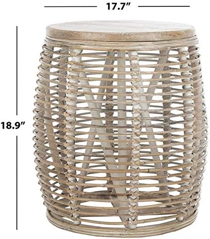 SAFAVIEH Furniture - Maui Rattan Drum Stool Table - Grey White-Wash - Rattan - Coastal Woven Design - Fully Assembled - Ideal for Living Room, Bedroom, Patio - Fully Assembled (STL6500A)