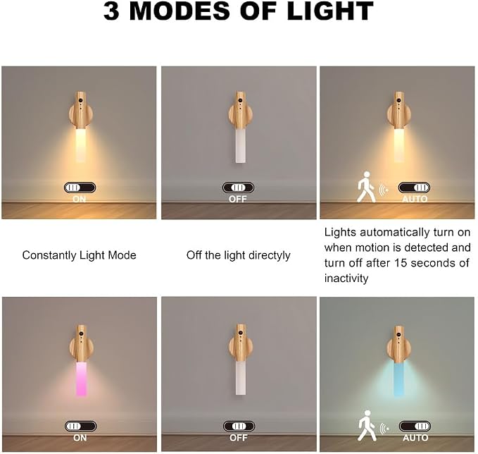 LANDGOO Wooden Motion Sensor RGB Night Lights Indoor, Magnet Body Hallway Rechargeable LED Wireless Battery Operated Wall Sconce (1, RGB Ash Wood)