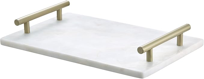 Queenza White Marble Decorative Tray with Gold Handles (12 x 8 Inch) | Luxury Stone Vanity Tray for Bathroom, Kitchen Counter, Coffee Table & Dresser Organization