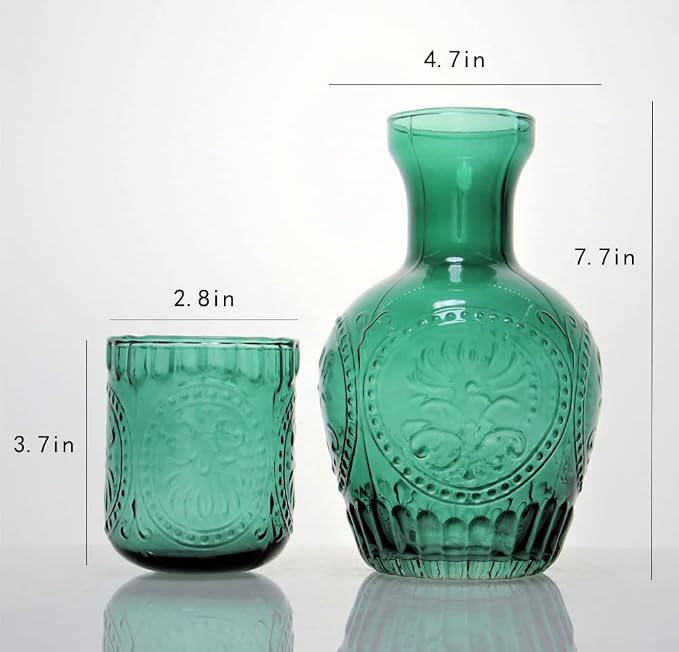 Retro Relief Glass Bedside Night Water Carafe with Tumbler Glass, Pitcher And Cup Night Set-Green