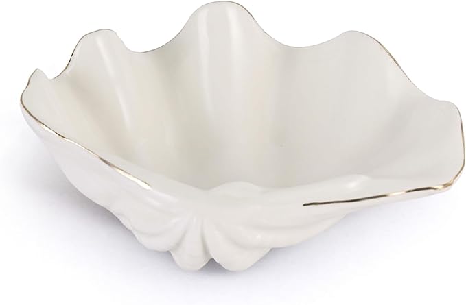 White Shell Decorative Bowl – 7.9" Clam Shell with Gold Rim, Coastal Centerpiece for Bathroom Vanity, Entryway, or Living Room, Jewelry Holder, Key Tray, Fruit Bowl, Beach House Decor