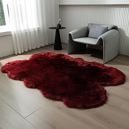 Faux Fur Rug Burgundy Sheepskin Area Rug,Ultra Soft Shaggy Plush Rug Bedroom Living Room Sofa Floor Kids Room Bedside（4 x 6 ft Sheepskin）