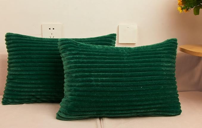 TangDepot Velvet Big Corduroy Pillow Covers 12x18 Deep Green 2-Pack | Soft wide-stripe corduroy pillow cover, hidden zipper, machine washable, easy refresh, for bedroom living room indoor outdoor