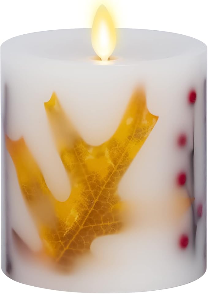 Luminara Embedded Flameless LED Candle - Orange Leaf 3.5" x 4.5" - Moving Flame Pillar, Battery Operated Timer, Real Wax, Unscented, Safe