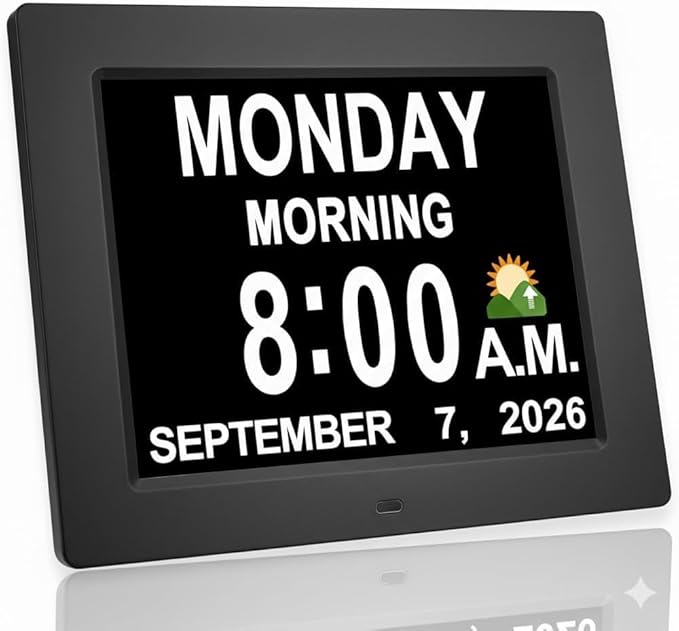New 2026 Digital Calendar Alarm Day Clock - with 8" Large Screen Display, am pm, Multiple Alarms, for Impaired Vision People, The Aged Seniors, The Dementia, for Desk, Wall Mounted, Black