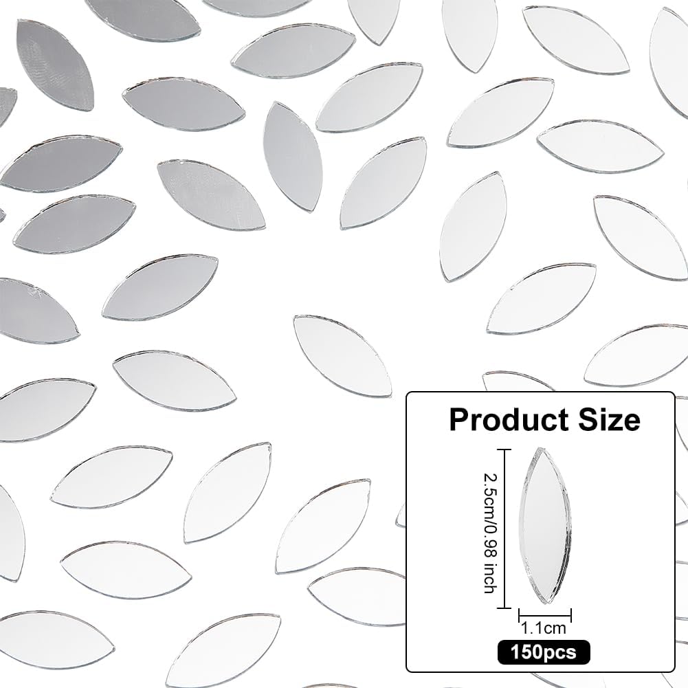 OLYCRAFT 150pcs Leaf Shape Craft Mirrors Mosaic Tiles 11x25mm Petal Mini Glass Mirror Tiles Leaf Cabochons Flower Leaves for DIY Crafts Art Wall Door Home Decorations
