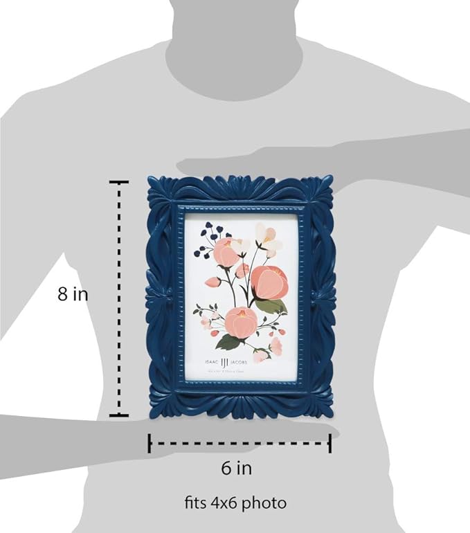 Isaac Jacobs 4x6 Navy Wave Textured Hand-Crafted Resin Picture Frame with Easel & Hook for Tabletop & Wall Display, Decorative Swirl Design Home Décor, Photo Gallery, Art, More (4x6, Navy)