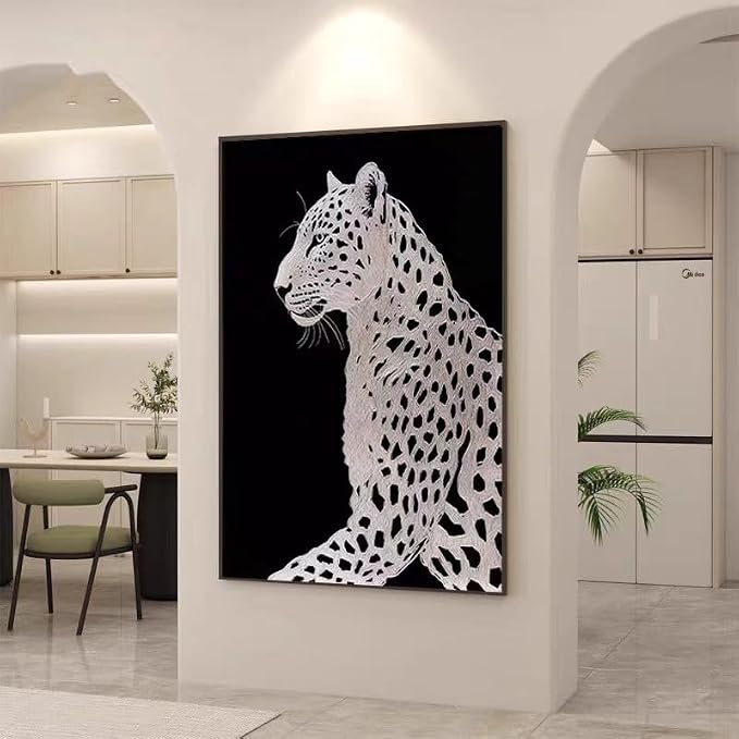 YaSheng Art : Hand Painted Oil Painting,Canvas Wall Art, Modern Black and White Leopard Wall Art Canvas, Large Contemporary Wildlife Home Decor Wall Art for Living Room, 24x36 inches