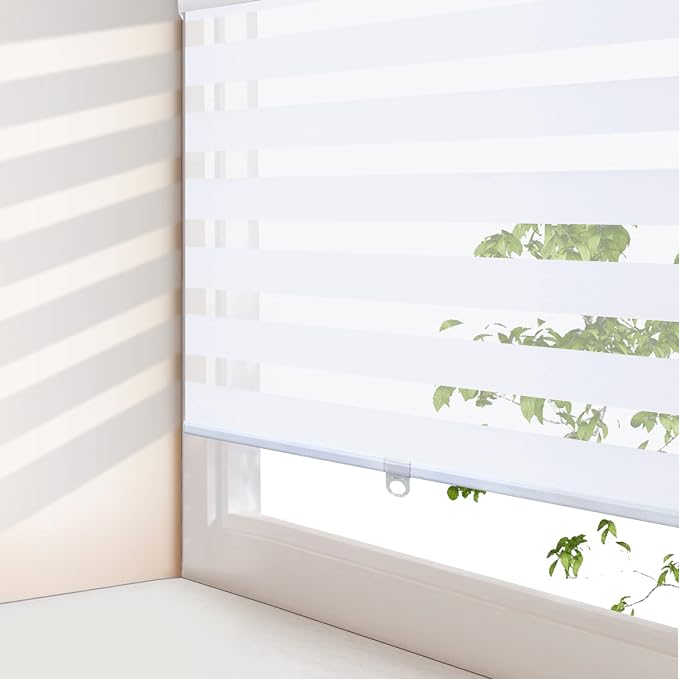 AOSKY Zebra Blinds for Windows Cordless Roller Shades for Home Free-Stop Windows Shades Dual Layer Light Control for Day and Night Easy to Install (40" W X 72" H, White)