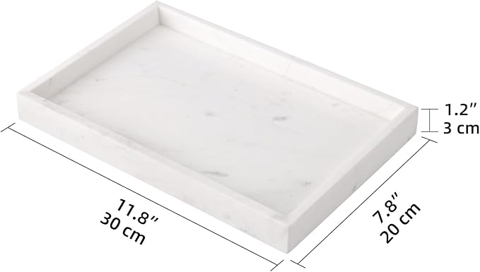 Marble Bathroom Vanity Tray, Natural Luxury Vanity Home Kitchen Bathroom Table Tray, Stone Decorative Countertop Dresser Trays for Key Coffee Perfume Jewelry Makeup (Jazz White, 12"x 8" x1.2")