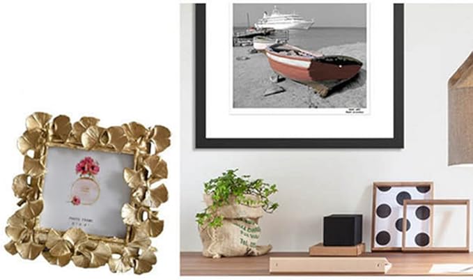 JOSON Vintage Photo Frame, Ginkgo Biloba Resin Gold Frame for Desktop Display and Wall Mount Home Decor (4 X4 Square)