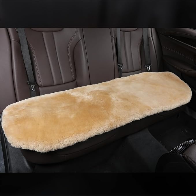 OGLAND Fuzzy Genuine Sheepskin Car Rear Seat Cover for Kids Dogs Pets Auto Bench Back Cushion Interior Accessories with Soft Fluffy Wool Natural Fur, Honey Beige