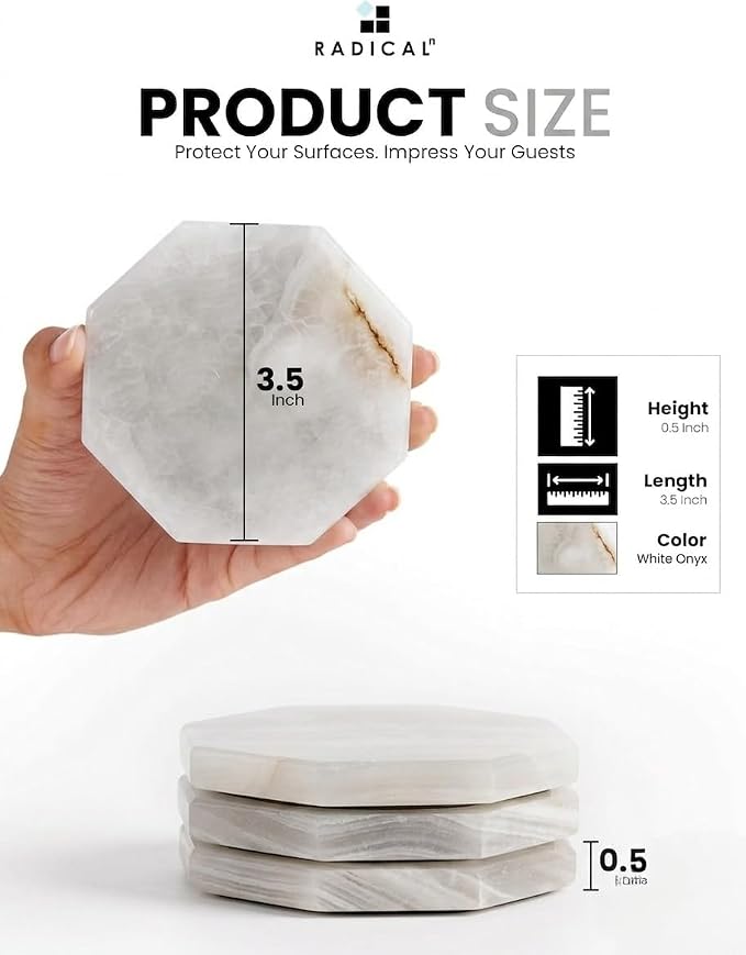 Radicaln Marble Coasters Set of 6 Handmade 3.5" Inch White Onyx Star Coasters for Drinks, Ideal Coaster Set for Dining & Coffee Tables