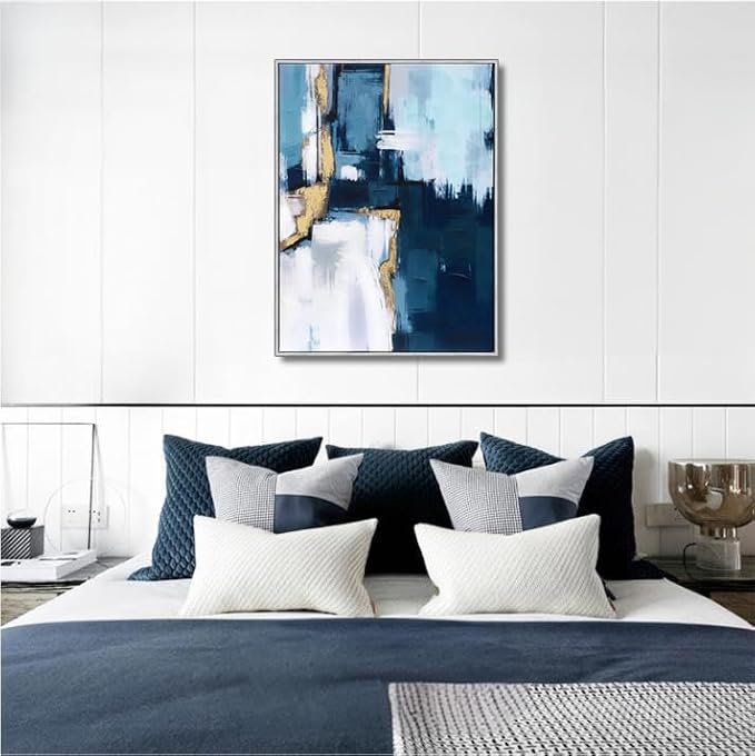 Sofoney - Hand Painted Blue and Gold Abstract Canvas Wall Art Heavy Textured Blue and White Wall Decor with Gold Foil for Living Room Bedroom - 24"x32", Silver Framed