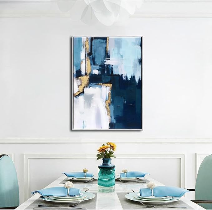 Sofoney - Hand Painted Blue and Gold Abstract Canvas Wall Art Heavy Textured Blue and White Wall Decor with Gold Foil for Living Room Bedroom - 24"x32", Silver Framed