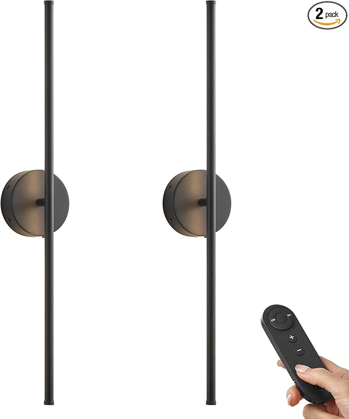 KARTOOSH Battery Operated Wall Sconces, Dimmable Wall Sconces Set of Two, 350°Rotate, 3000K LED Black Wireless Wall Light for Living Room, Bedroom,Hallway, 24.4 Inch (2 Pack)