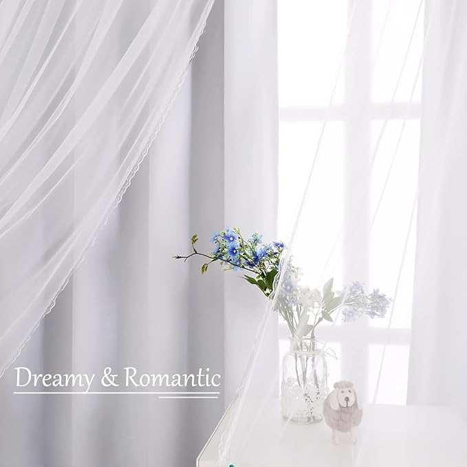 Greyish White Blackout Curtains Set - Double Layers Voile Sheer Light Blocking Draperies with Tie-Backs for Bedroom Windows, 52 x 63 inches, Greyish White, 2 Pieces