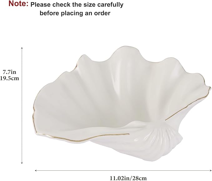 White Shell Decorative Bowl – 11" Clam Shell with Gold Rim, Coastal Centerpiece for Bathroom Vanity, Entryway, or Living Room, Jewelry Holder, Key Tray, Fruit Bowl, Beach House Decor