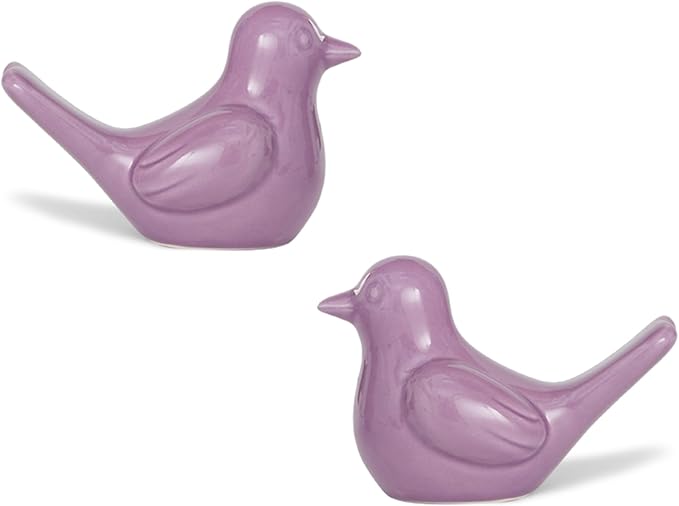 Small Purple Bird Statue Ceramic 2-Piece Set, 3¾ inch Cute Knick Knack for Home Office Shelf Desk Decor