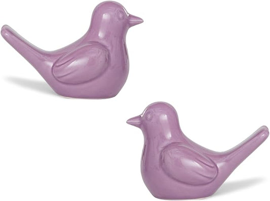 Small Purple Bird Statue Ceramic 2-Piece Set, 3¾ inch Cute Knick Knack for Home Office Shelf Desk Decor