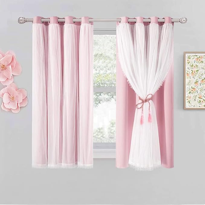 Short Pink Blackout Curtains with Sheer Overlay - Grommet Privacy Drapes, Cute Window Treatments for Kids/Girls Bedroom Nursery LivingRoom, 52 x 54 in, 2 PCs